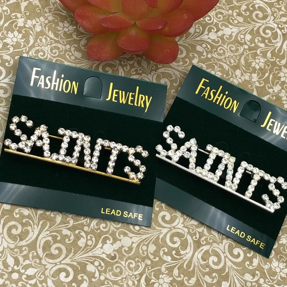 SAINTS Rhinestone Gold Or Silver Worded Lapel Pin Brooch